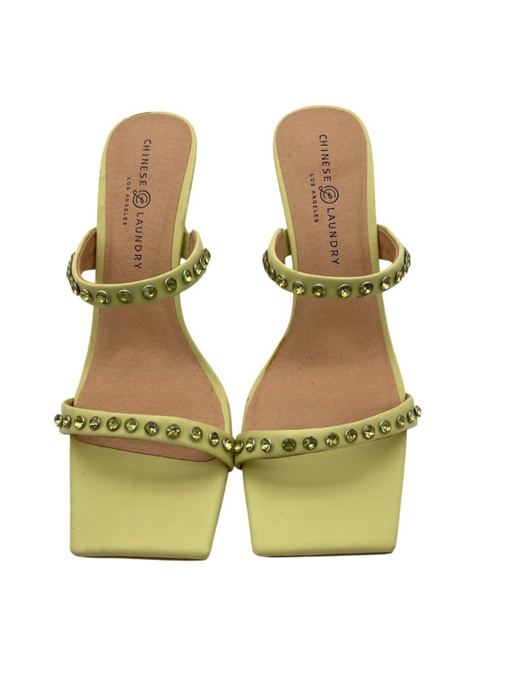 Chinese Laundry Los Angeles Ladies Yo Yo Heeled Embellished Chartreuse Sandals 1 - Picture 2 of 6